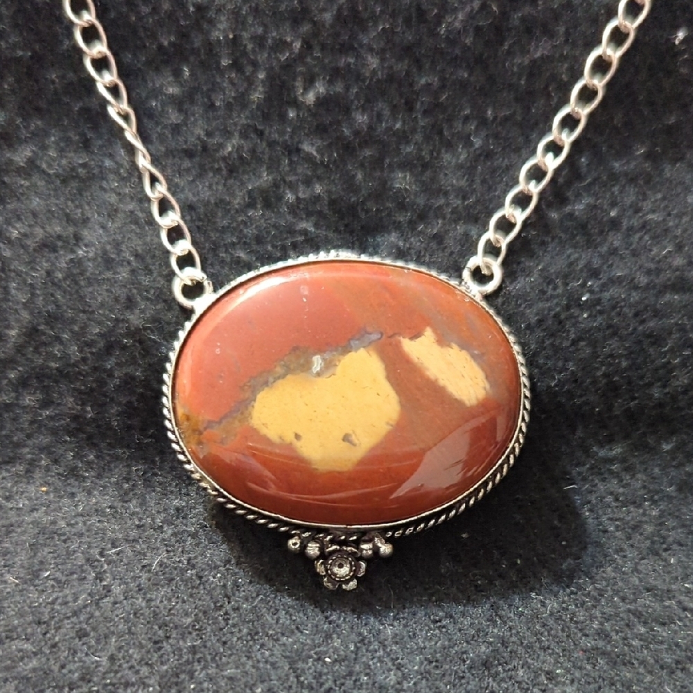 Silver Plated Red Yellow Mookaite Gemstone Oval Bar Pendant Statement Necklace